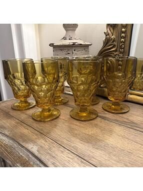 Anchor Hocking Georgian Amber Goblets Set 6 Honeycomb Vintage Glass